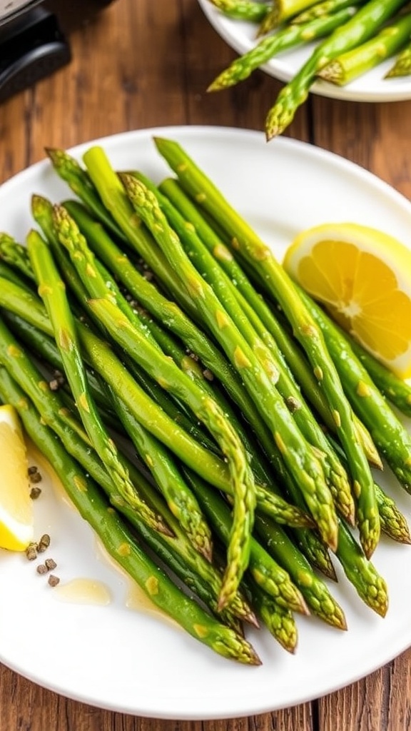 Honey Glazed Air Fryer Asparagus Recipe Honey glazed air fryer asparagus served on a white plate with lemon wedge.